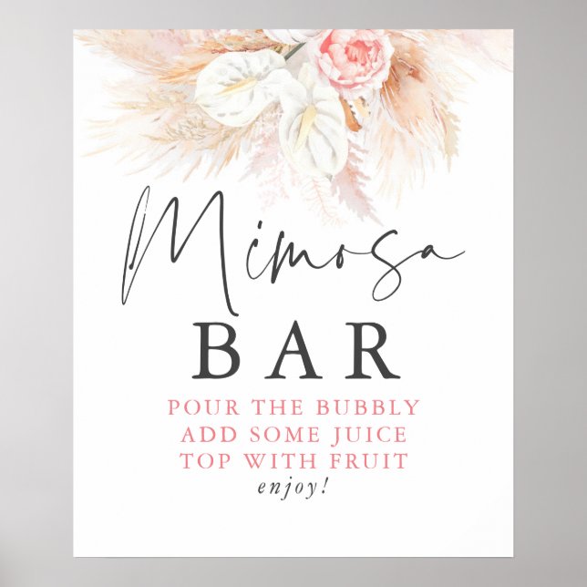 Poster Placa de Bar Mimosa de Grama Pampas Rosa Floral (Frente)