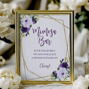 Poster Placa de Bar Mimosa Floral Aquarela Dourado Roxo