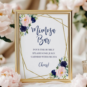 Poster Placa de bar Mimosa floral em aquarela azul marinh