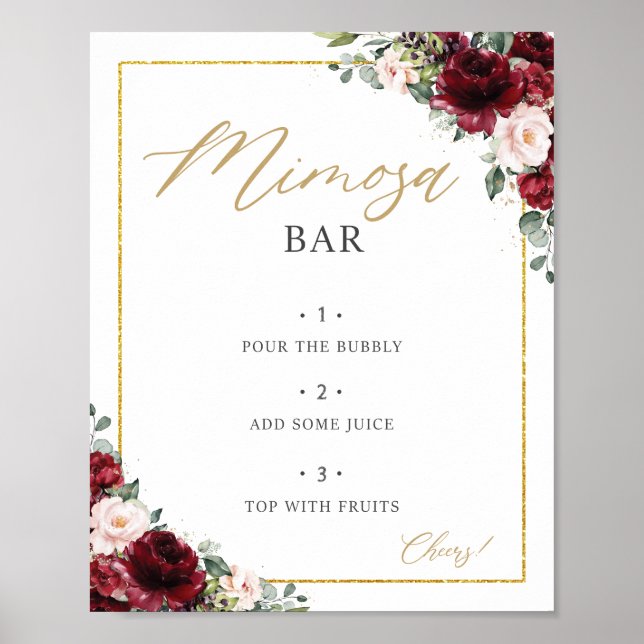 Poster Placa de Bar Mimosa Floral Rosa Bege Borgonha (Frente)