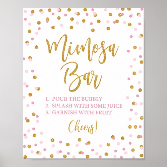 Poster Placa de Bar Mimosa Rosa e Confete Dourado Brilhan (Frente)