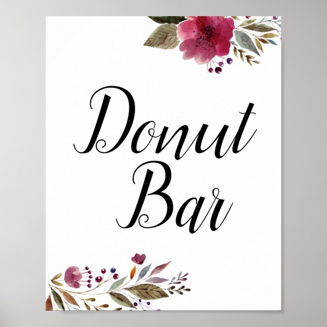 Poster Placa de Barra de Donut Flores Borgonha Casamento (Frente)