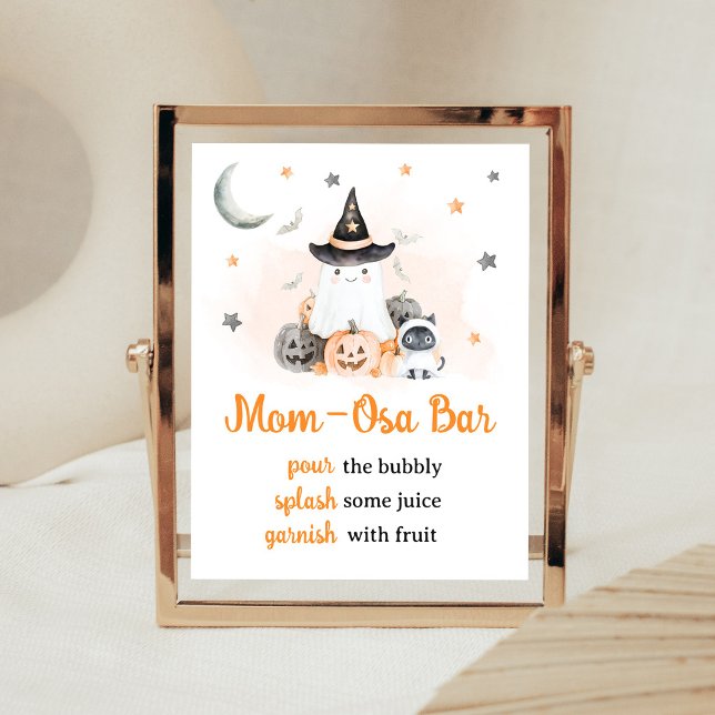Poster Placa de barra de mamãe onça de Halloween laranja  (Gender Neutral Little Boo Baby Shower Mom Osa Bar Sign)