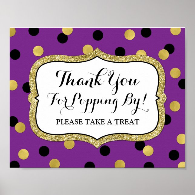 Póster Placa de Barra de Pipoca Roxo Preto Dourado Confet (Frente)