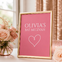 Poster Placa de Bat Mitzvah em Coração Rosa Quente