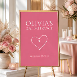 Poster Placa de Bat Mitzvah em Coração Rosa Quente
