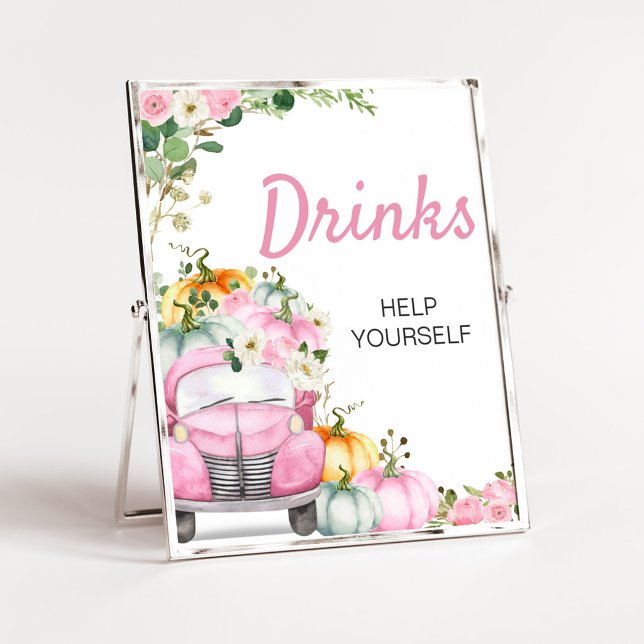 Poster Placa de Bebidas Caminhão Rosa Abóbora de Outono (Little Pumpkin Pink Truck Baby Shower Drinks Sign)