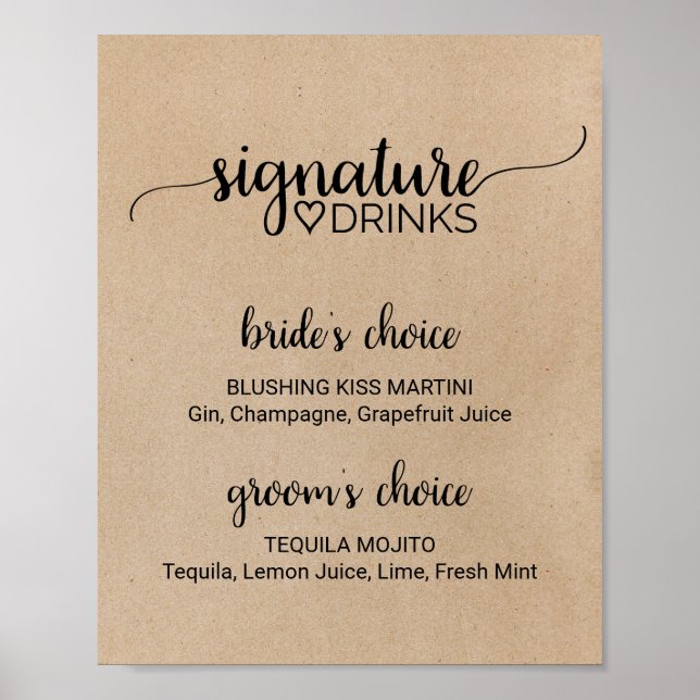 Poster Placa de Bebidas com Assinatura Faux Kraft Simples (Frente)