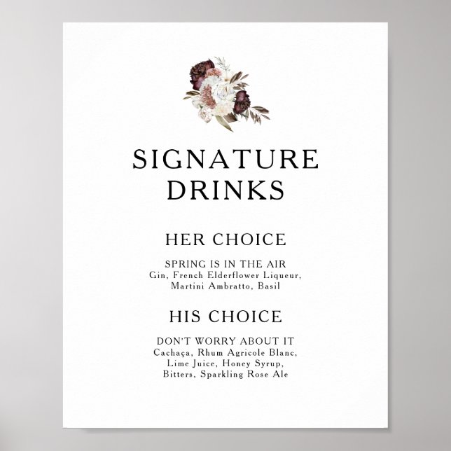 Poster Placa de Bebidas com Assinatura Floral Boho Borgon (Frente)