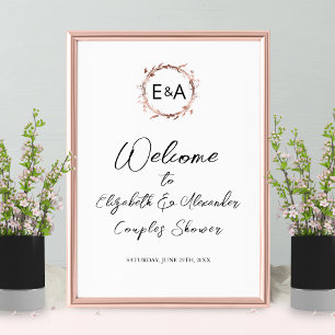 Poster Placa de Bem-Vindo para Chá de Casal com Floral Mo