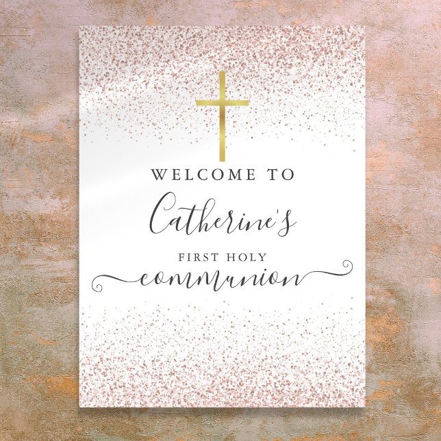 Poster Placa de Boas-Vindas à Primeira Comunhão em Brilho (Rose Gold Glitter Holy Communion Welcome Sign)