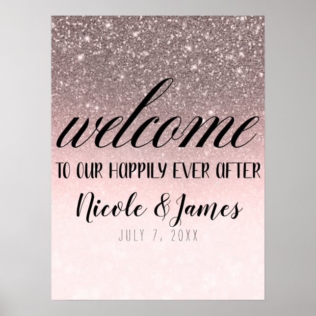 Poster Placa de Boas-vindas ao Nosso Casamento com Brilho (Frente)