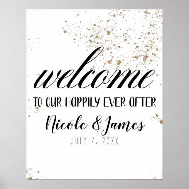 Poster Placa de Boas-Vindas ao Nosso Casamento Preta e Do (Frente)