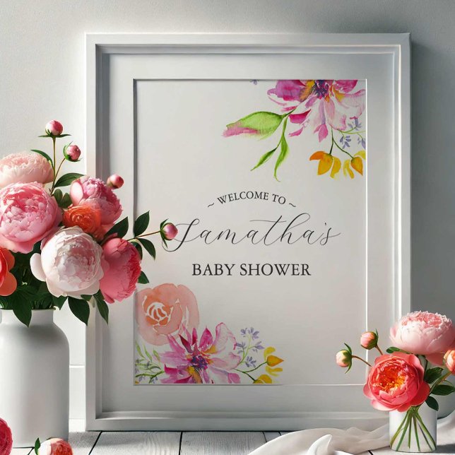 Poster Placa de Boas-Vindas Baby in Bloom – Floral Rosa (Baby in Bloom baby shower themes features welcome sign watercolor flowers in pink)