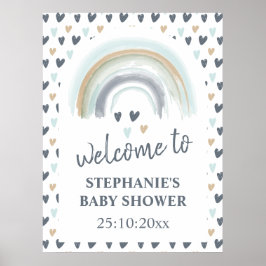 Poster Placa de Boas-Vindas Baby Shower Azul Boho Arco-Ír