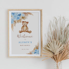 Poster Placa de Boas-Vindas Bebê Capim Pampas Urso de Pel