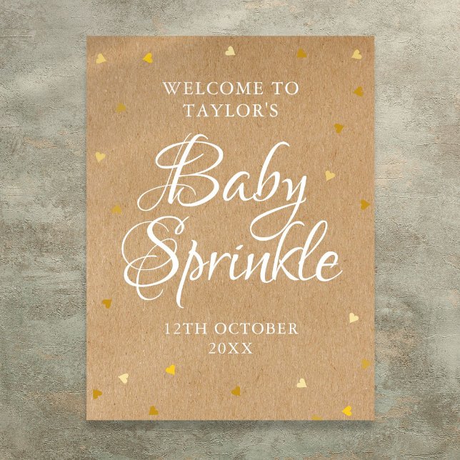 Poster Placa de Boas-Vindas Bebê Coração de Amor Dourado  (Gold Love Hearts Baby Sprinkle Boho Welcome Sign)
