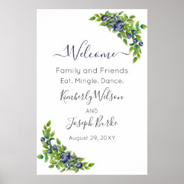 Poster Placa de Boas-Vindas botânica azul de mirtilos em 