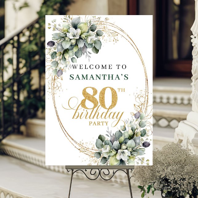Poster Placa de Boas-Vindas Botânica Boho 80º Aniversário (Boho 80th Botanical Greenery Welcome Sign)