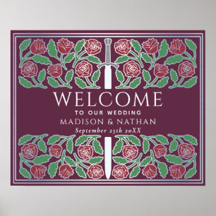 Poster Placa de Boas-Vindas Casamento Floral Prata Malva