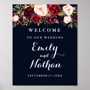 Póster Placa de Boas-Vindas Casamento Rústico Burgundy Az