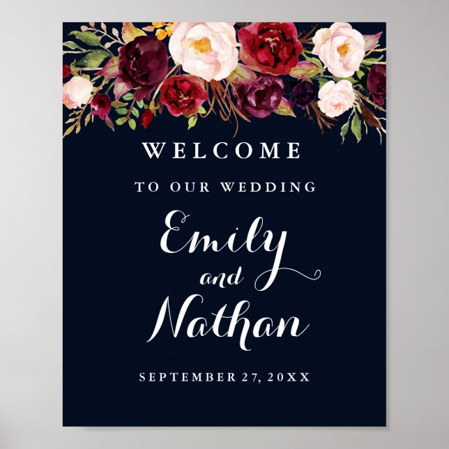 Póster Placa de Boas-Vindas Casamento Rústico Burgundy Az (Frente)