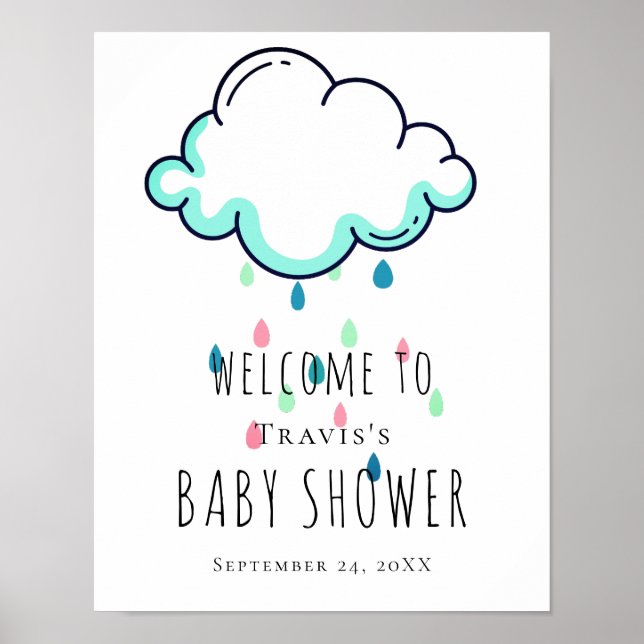 Poster Placa de Boas-Vindas Chuva de Bênçãos Bebê Nuvem d (Frente)