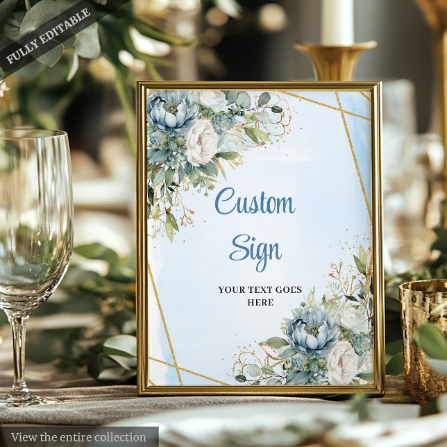 Poster Placa de Boas-Vindas com Brilho Dourado e Floral A (Boho Dusty Blue Floral Gold Glitter Welcome Sign)