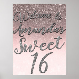 Poster Placa de Boas-vindas com Brilho Prata e Rosa para
