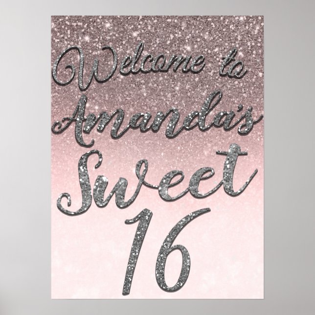 Poster Placa de Boas-vindas com Brilho Prata e Rosa para  (Frente)