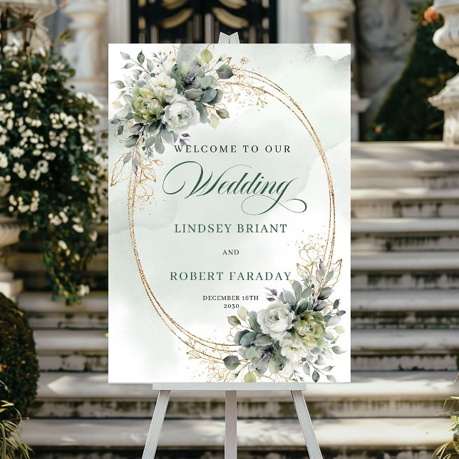 Poster Placa de Boas-Vindas com Rosas Brancas Românticas  (Romantic Boho White Roses Welcome Sign)