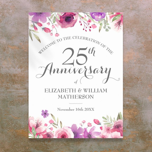 Poster Placa de Boas-Vindas com Rosas em Aquarela de Aniv (25th Anniversary Watercolor Roses Welcome Sign)