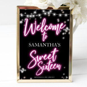 Poster Placa de Boas-Vindas com Tema Neon Rosa Sweet 16