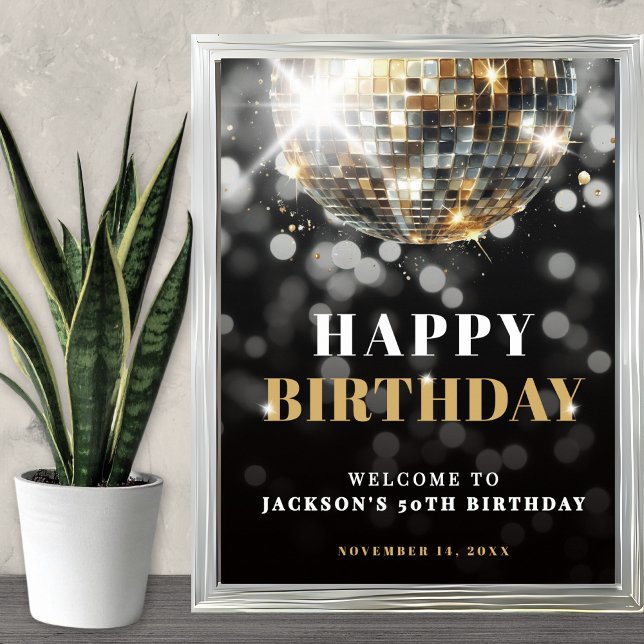 Poster Placa de Boas-Vindas da Festa de 50 Anos do Black  (Black Gold 50th Birthday Party Welcome Sign)
