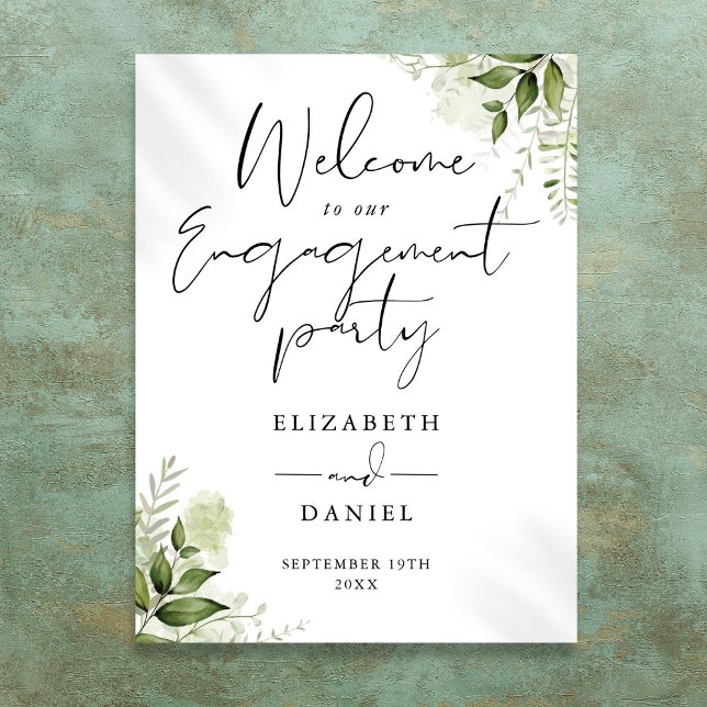 Poster Placa de Boas-Vindas da Festa de Compromisso com V (Floral Greenery Engagement Party Welcome Sign)