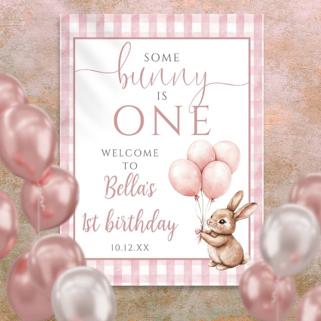 Poster Placa de Boas-Vindas de 1º Aniversário Little Bunn (Little Bunny Pink 1st Birthday Welcome Sign)