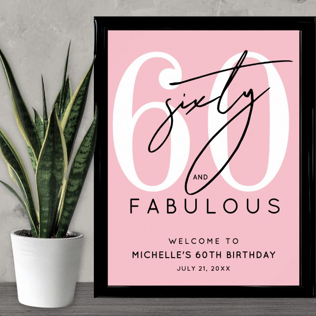 Poster Placa de Boas-Vindas de 60º Aniversário Rosa (Pink 60th Birthday Welcome Sign)