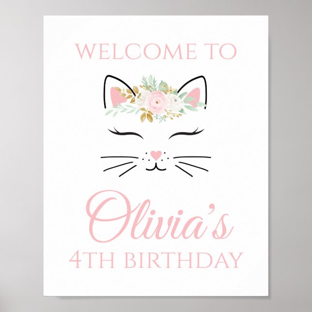 Poster Placa de Boas-Vindas de Aniversário de Gatinho com (Frente)