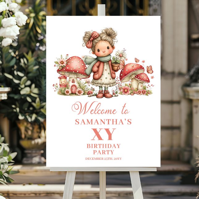 Poster Placa de Boas-Vindas de Aniversário Floral com Rub (Whimsical Fairy Blush Floral Birthday Welcome Sign)