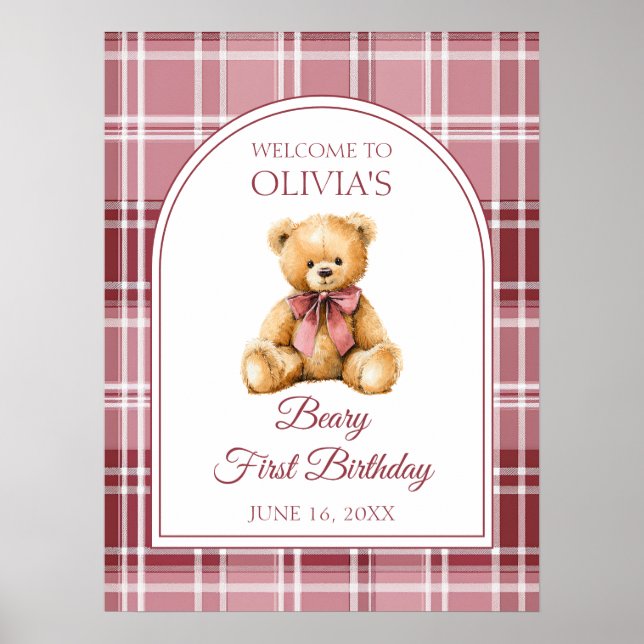 Poster Placa de Boas-Vindas de Aniversário Urso de Pelúci (Frente)