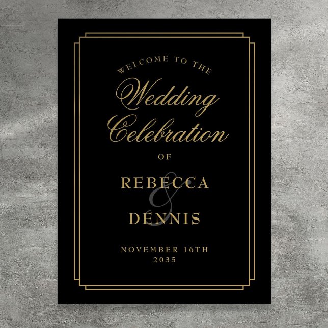 Poster Placa de Boas-Vindas de Casamento Art Déco Preto e (Black And Gold Art Deco Wedding Welcome Sign)