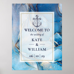 Poster Placa de Boas-Vindas de Casamento Azul Náutico e Á