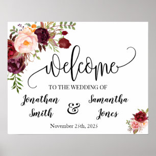 Poster Placa de boas-vindas de casamento boho chic floral