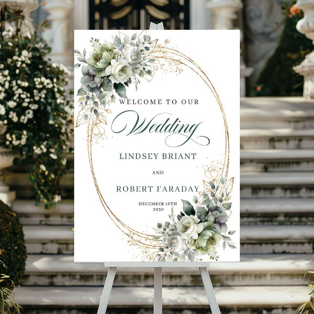 Poster Placa de Boas-Vindas de Casamento Botânico em Aqua (Romantic Watercolor Botanical Wedding Welcome Poster)