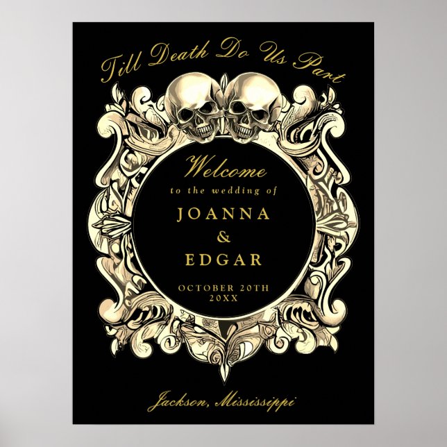 Poster Placa de Boas-Vindas de Casamento Caveiras Dourada (Frente)