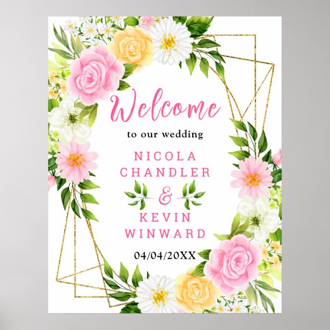 Poster Placa de Boas-Vindas de Casamento com Flor Amarela (Frente)