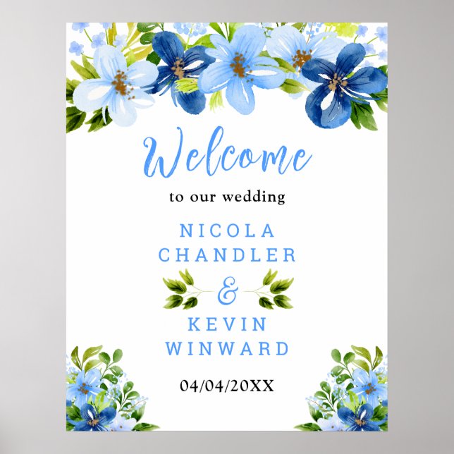 Poster Placa de Boas-Vindas de Casamento com Flores Azuis (Frente)