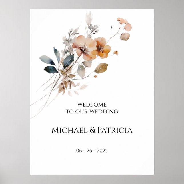 Poster Placa de boas-vindas de casamento com flores silve (Frente)