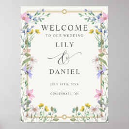 Poster Placa de Boas-Vindas de Casamento com Flores Silve