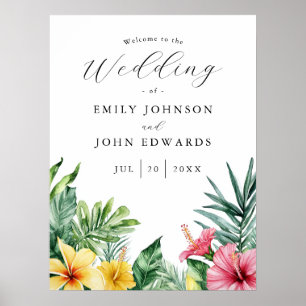 Poster Placa de Boas-Vindas de Casamento com Flores Tropi